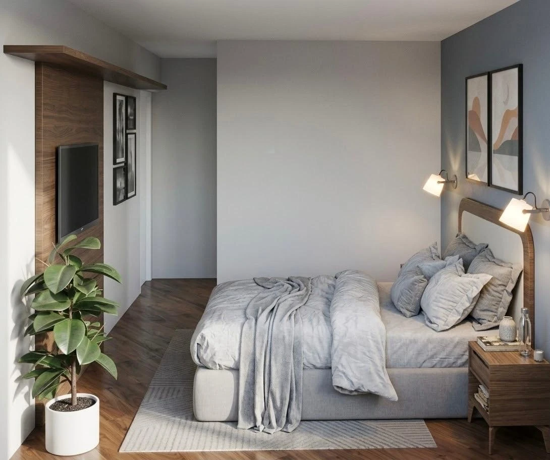 Quarto do projeto autoral A+G, com madeira, tons suaves e luz natural
